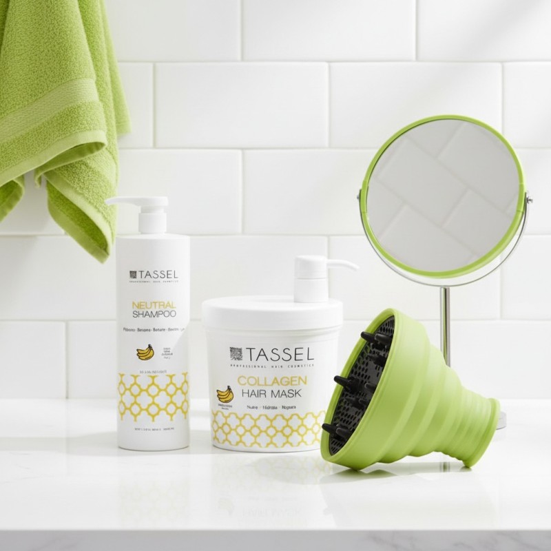 Pack Champú Neutro Plátano + Mascarilla Colágeno  1 L + Difusor de Silicona Tassel Eurostil | Cuidado y Peinado