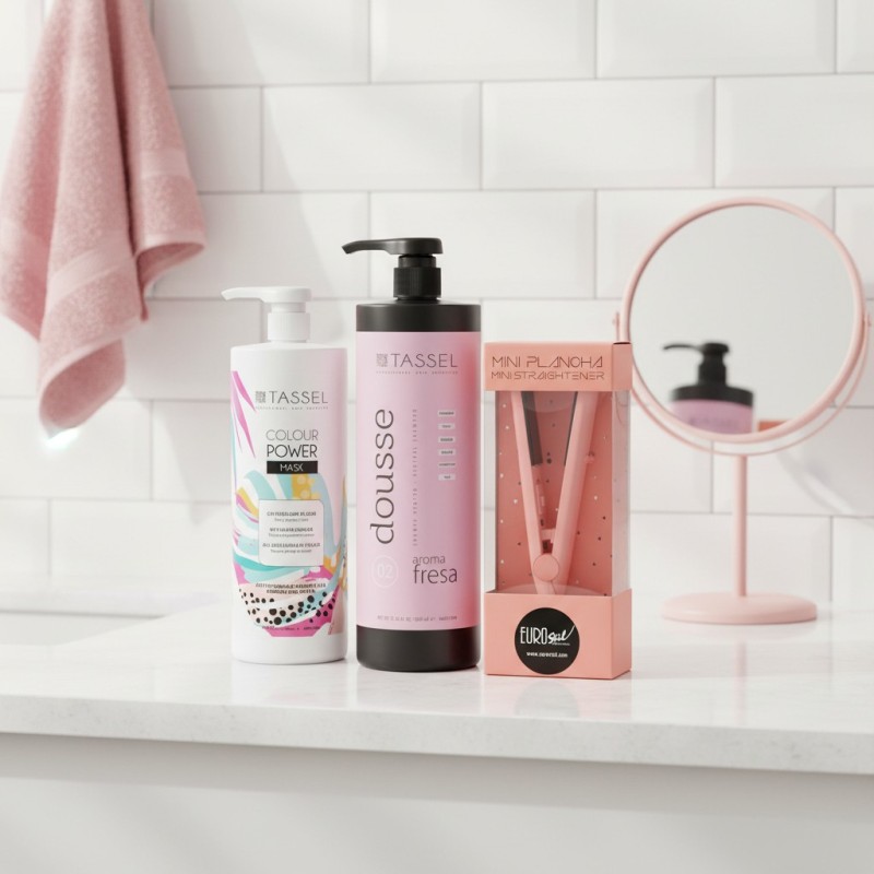 Pack Champú Neutro Fresa + Mascarilla Protector Color 1L + Mini Plancha Cabello NATURAL | Cuidado y Peinado